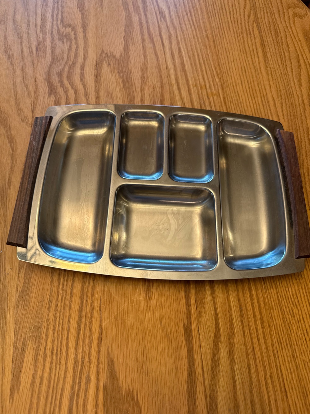 Vintage Stainless Divided Serving Tray with Wood Handles